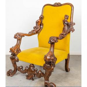 Fauteuil d'Apparat En Noyer De Style Baroque  - Venise 19eme