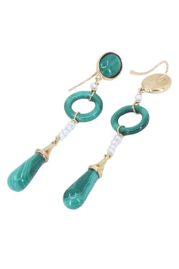 Boucles D'oreilles Pendantes 2 Boules En Malachite - Marque Coco Papaya - Neuves