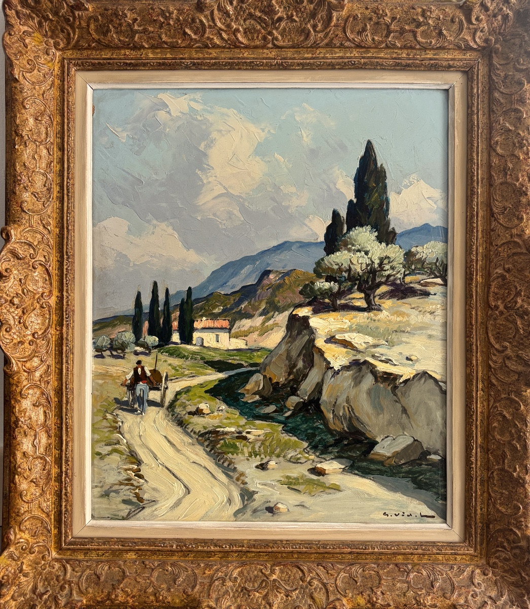 Gustave Vidal (1895 - 1966) - Charretier sur un chemin en Provence