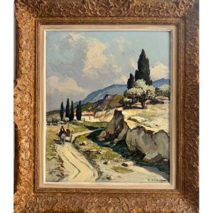 Gustave Vidal (1895 - 1966) - Charretier sur un chemin en Provence