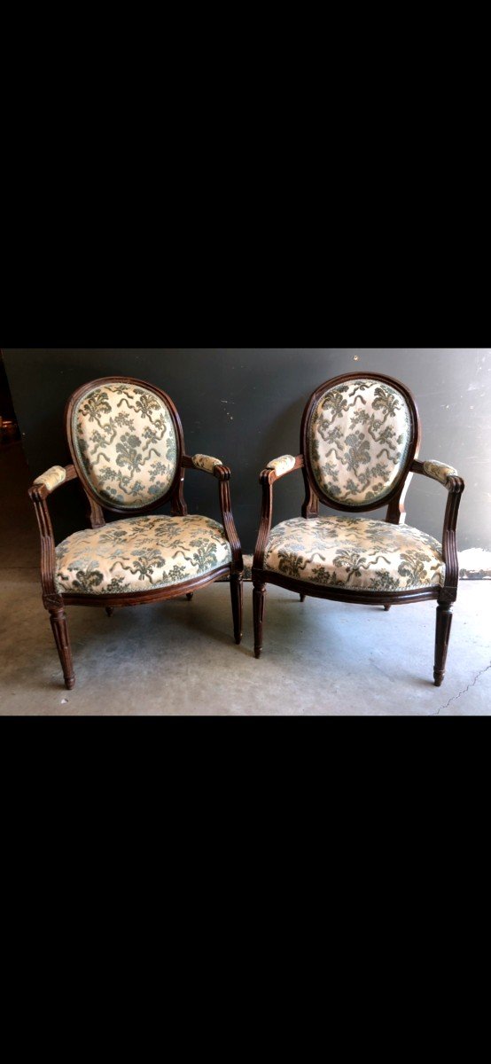 Pair Of Cabriolet Armchairs With Medallions, Louis XVI Period