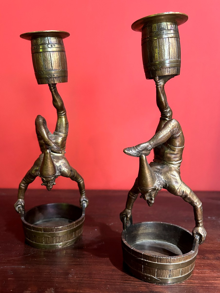 Pair Of Bronze Candlesticks Decorated With Acrobats