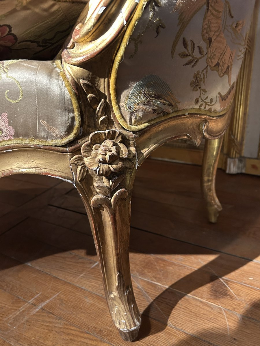 Banquette corbeille en bois doré d'époque Louis XV-photo-2