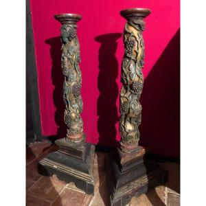 Pair Of Twisted Columns In Polychrome Wood 18th Century