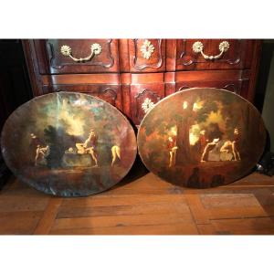 Rare "pair Of Very Naughty Medallion Paintings" 19th Century