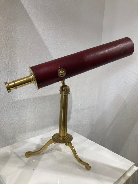  Télescope à Réflexion en bronze et laiton, corps gainé de Cuir rouge - XVIII Siècle-photo-3