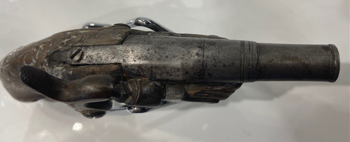 Small XVIII Century Flintlock Pocket Pistol Signed With Parrot Head Butt - St Etienne-photo-6