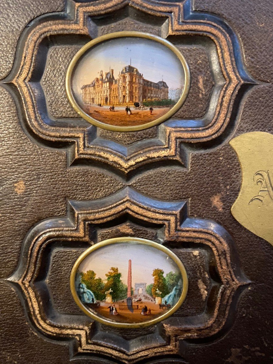 Leather Photo Album With Four Color Miniatures Of Views Of Paris - Circa 1860-photo-3