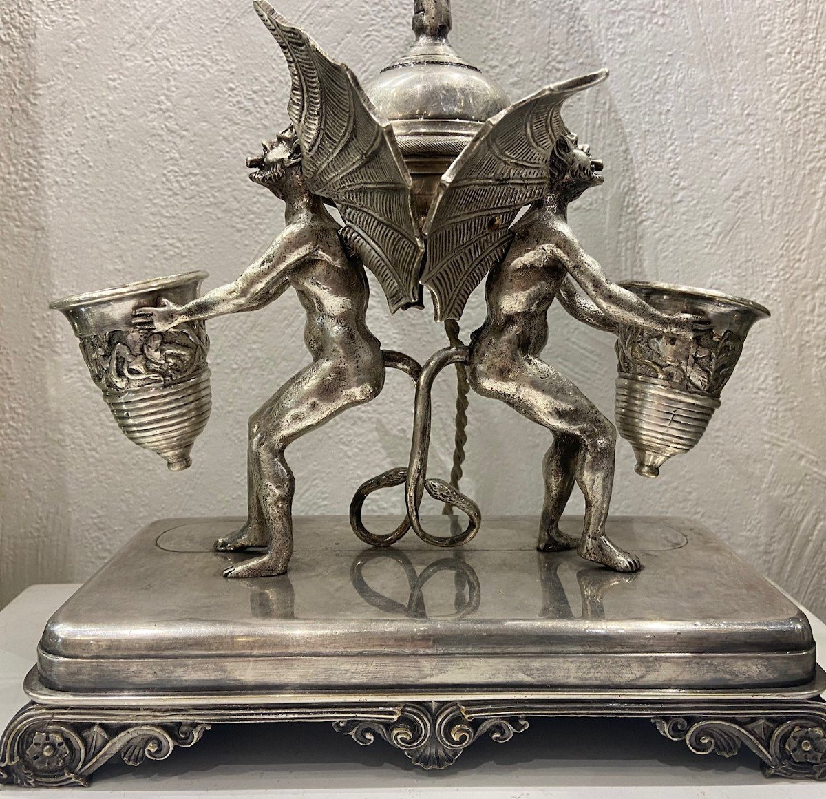 Devils Pyrogen In Silvered Bronze Transformed Into A Flame Lamp.-photo-2