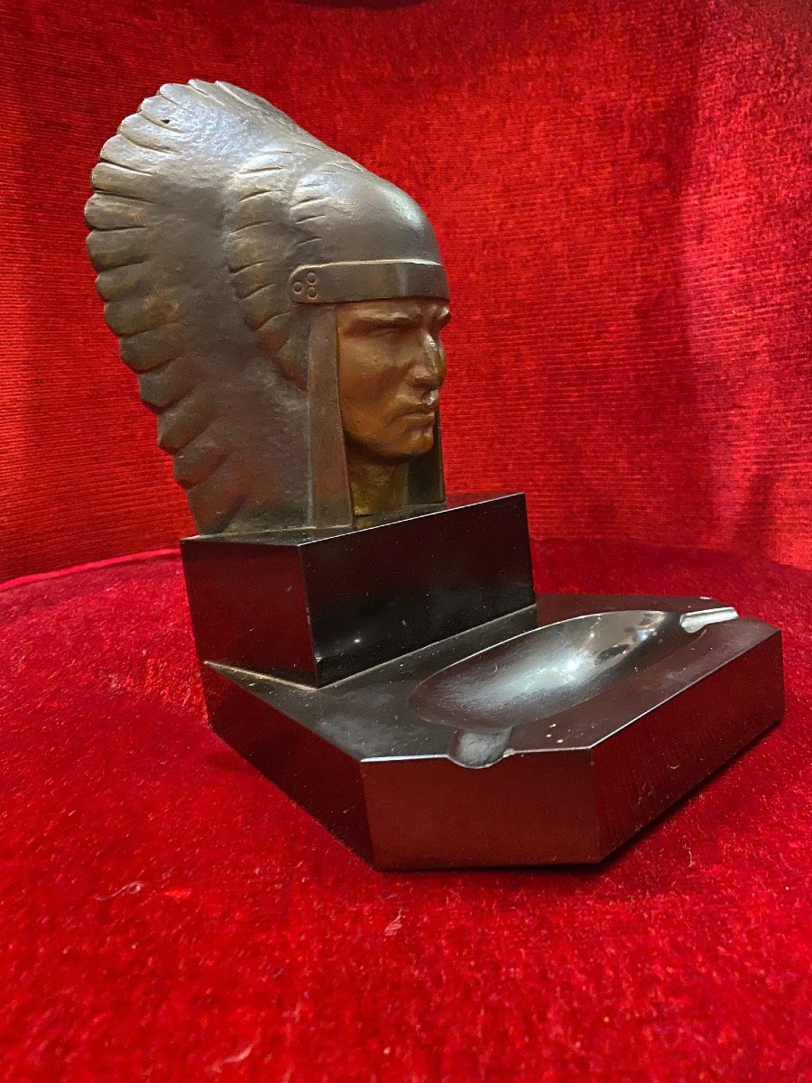 Georges GARREAU (1885-1955) - Cendrier ART DECO en bronze et marbre au buste d'INDIEN-photo-3