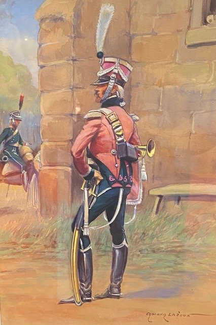 Edmond LAJOUX (1890-1960) - Aquarelle d'un Chasseur à cheval à la trompette du 8ème régiment.