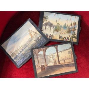 Precinema - 3 Views Of Panoptic Polyorama - Medium Size (20 Cm X 14 Cm) - Circa 1850