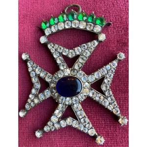 Masonic Jewel - Maltese Cross In Silver And Rhinestones - Late 19th Century