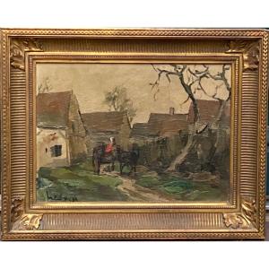 HERBO Fernand (1905-1995) - Scène de campagne à la Calèche - Huile sur bois  signée 