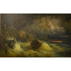 Théodore GUDIN (1802-1880) - Naufrages au bord de la "pointe Saint-Mathieu "  Huile sur Toile 