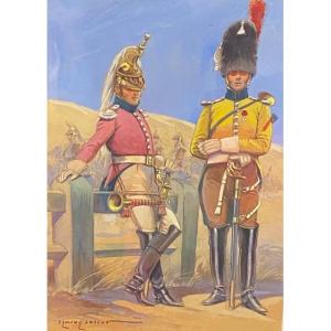 Edmond LAJOUX (1890-1960) - Aquarelle d'un Dragon et d'un Gendarme d'Elite de la Garde Impérial