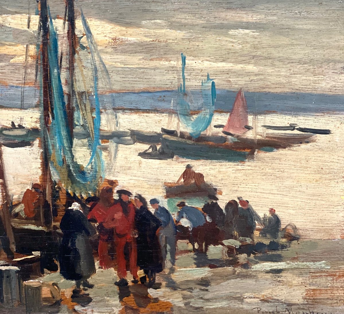 Paul Morchain (1876-1939) - Return From Fishing - Oil On Panel Signed-photo-2