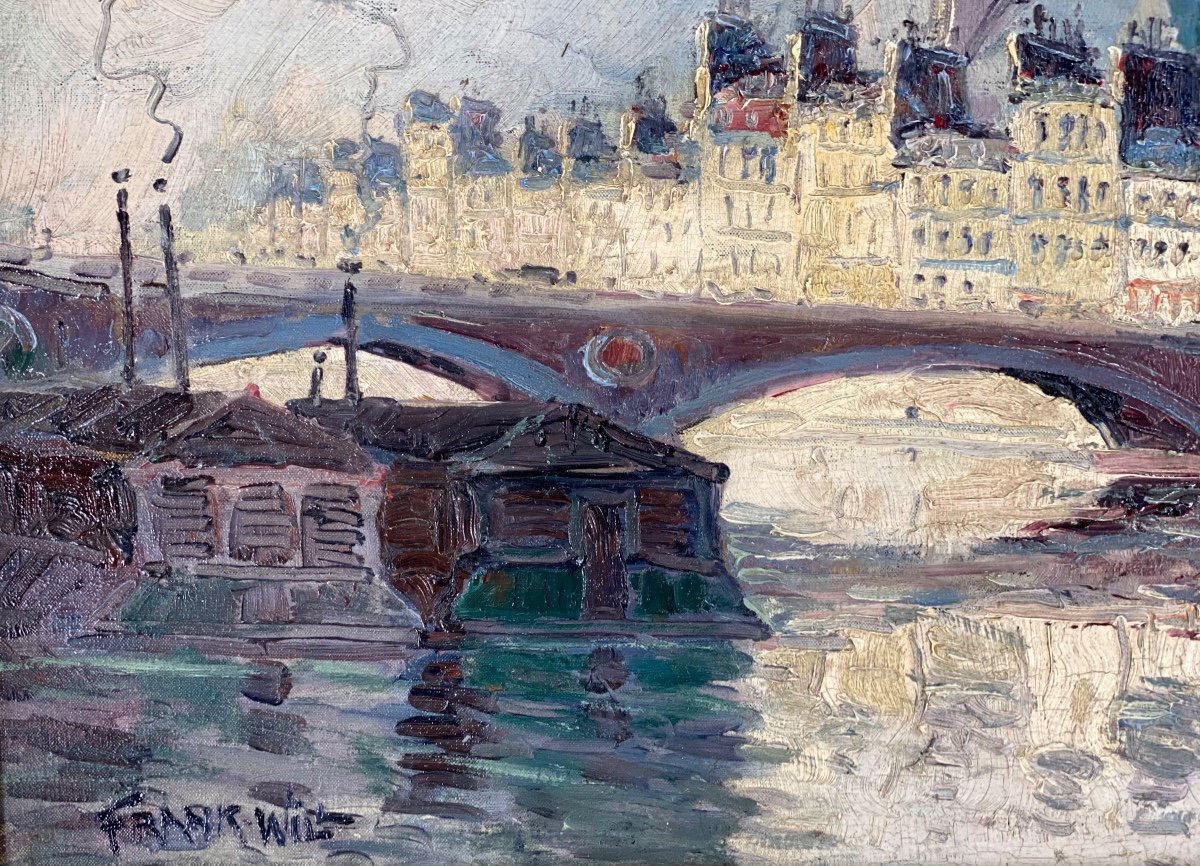 Frank Will ( 1900 - 1951) Huile Sur Toile Signée - Paris La Seine  Et Les Bateaux Lavoir -photo-3