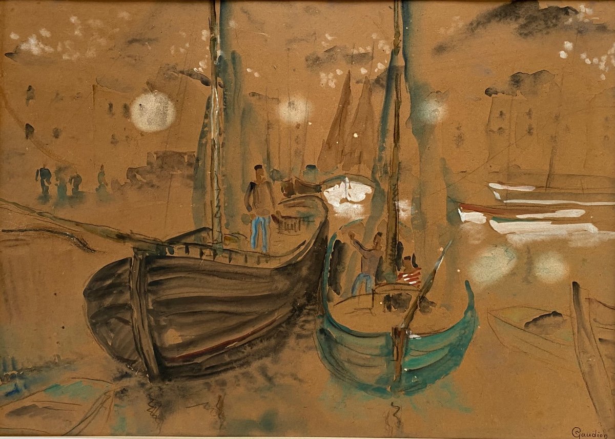 Georges Gaudion (1885-1942) Bateaux Au Port Signé -photo-2