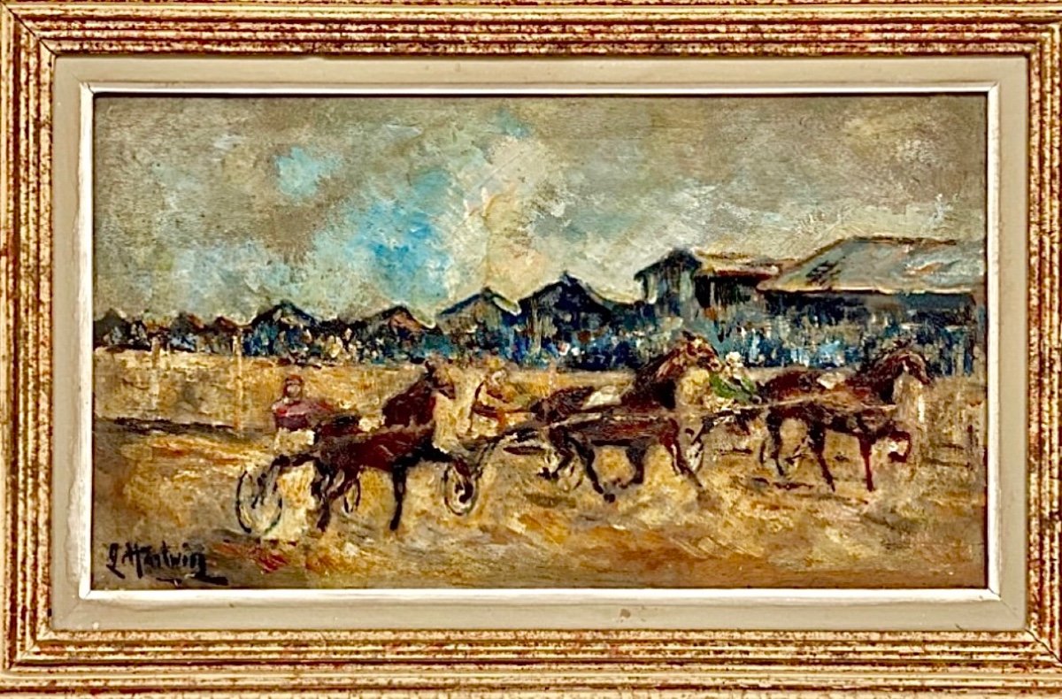 Harnessed Horse Racing (c1932) - Oil On Wood Panel Signed -photo-2