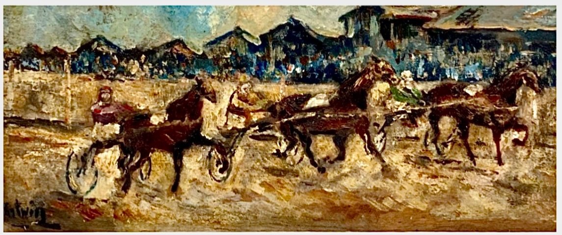 Harnessed Horse Racing (c1932) - Oil On Wood Panel Signed -photo-3