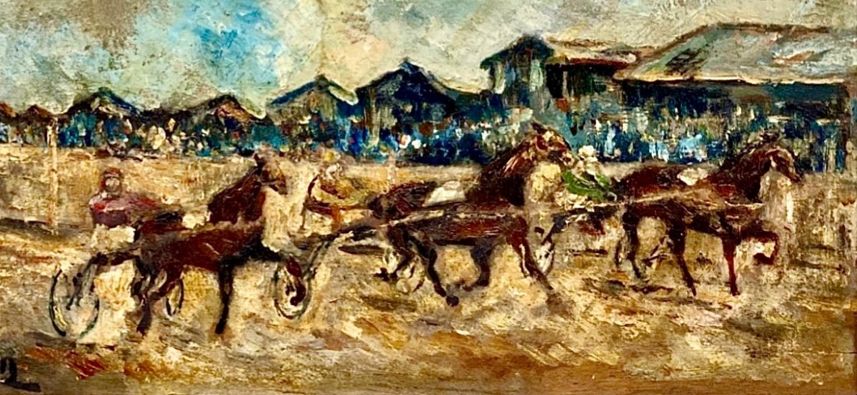 Harnessed Horse Racing (c1932) - Oil On Wood Panel Signed -photo-5