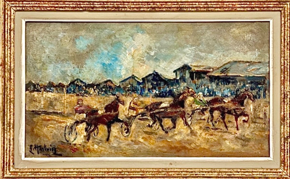Harnessed Horse Racing (c1932) - Oil On Wood Panel Signed -photo-4