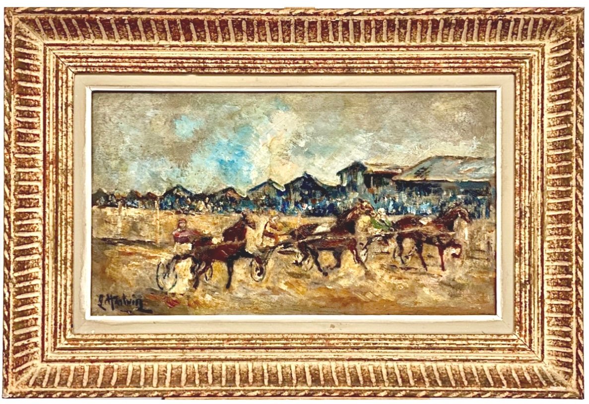 Harnessed Horse Racing (c1932) - Oil On Wood Panel Signed 