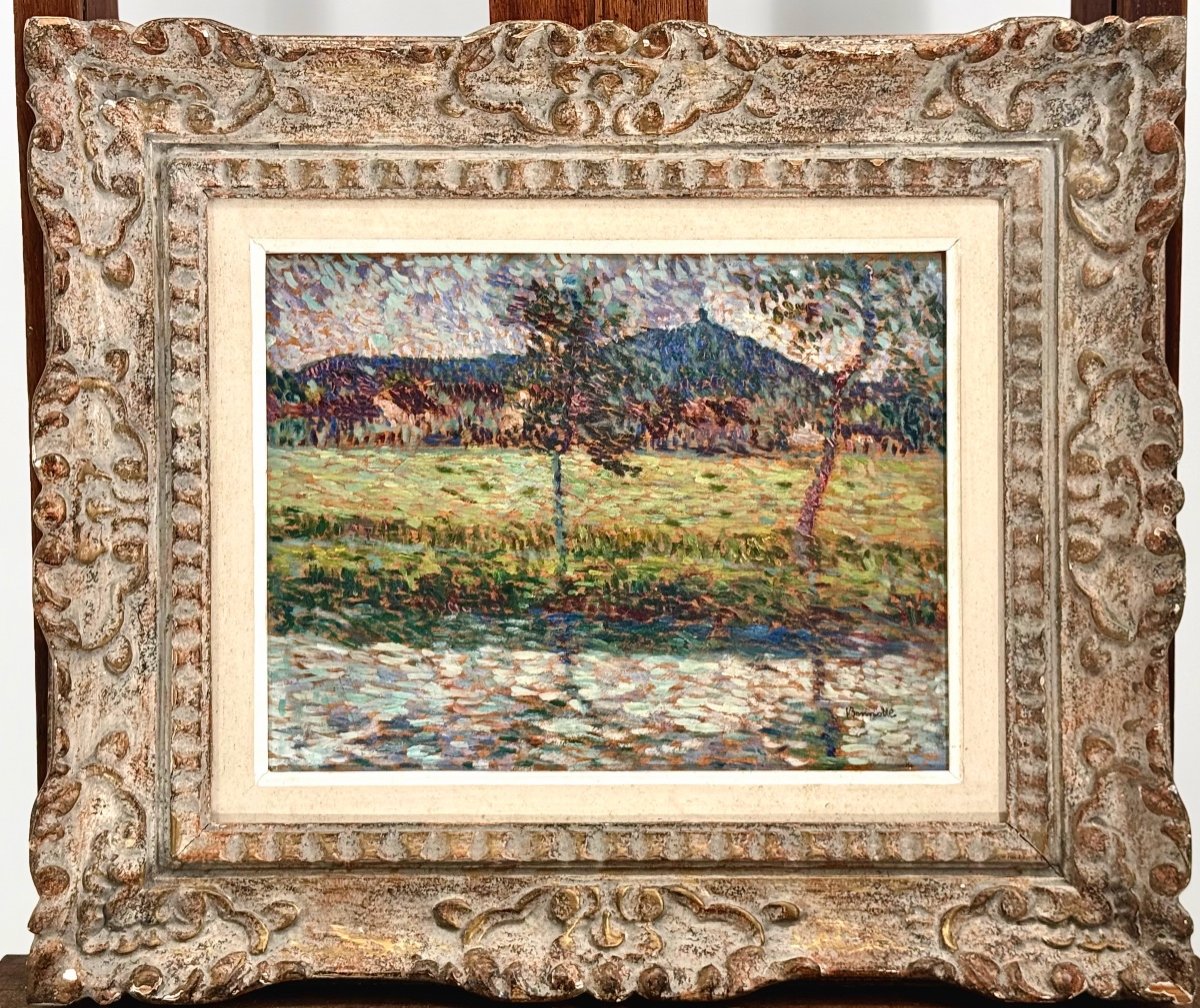 Pointillist Landscape C1900 Signed - Oil On Wood Panel 