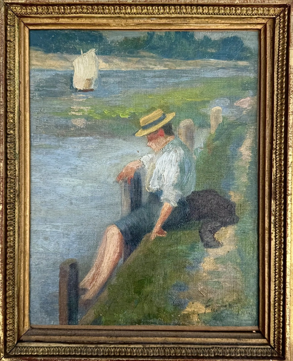 Homme au canotier - huile sur toile signée et datée1891 -photo-3
