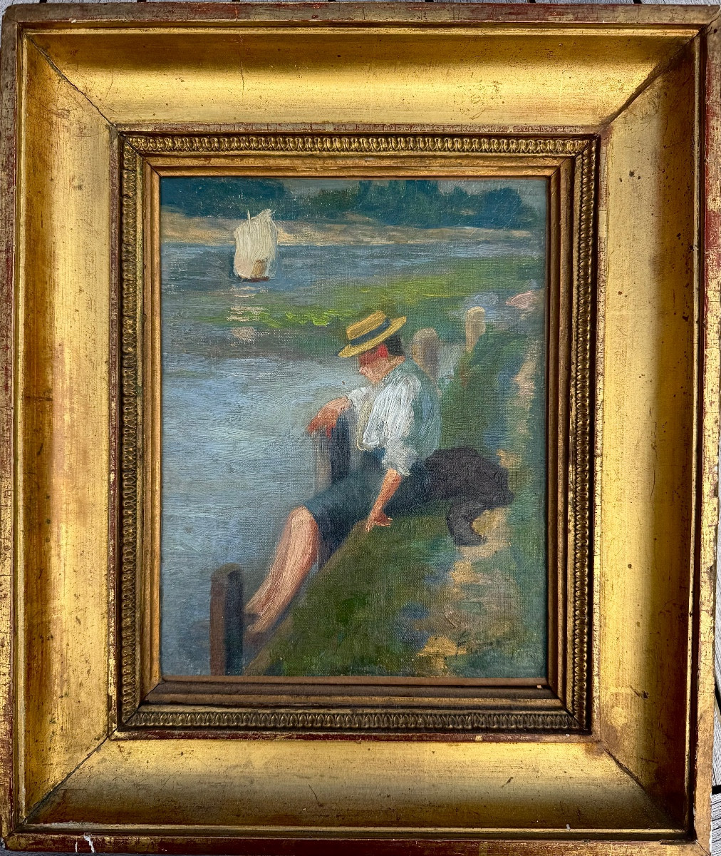 Homme au canotier - huile sur toile signée et datée1891 -photo-4