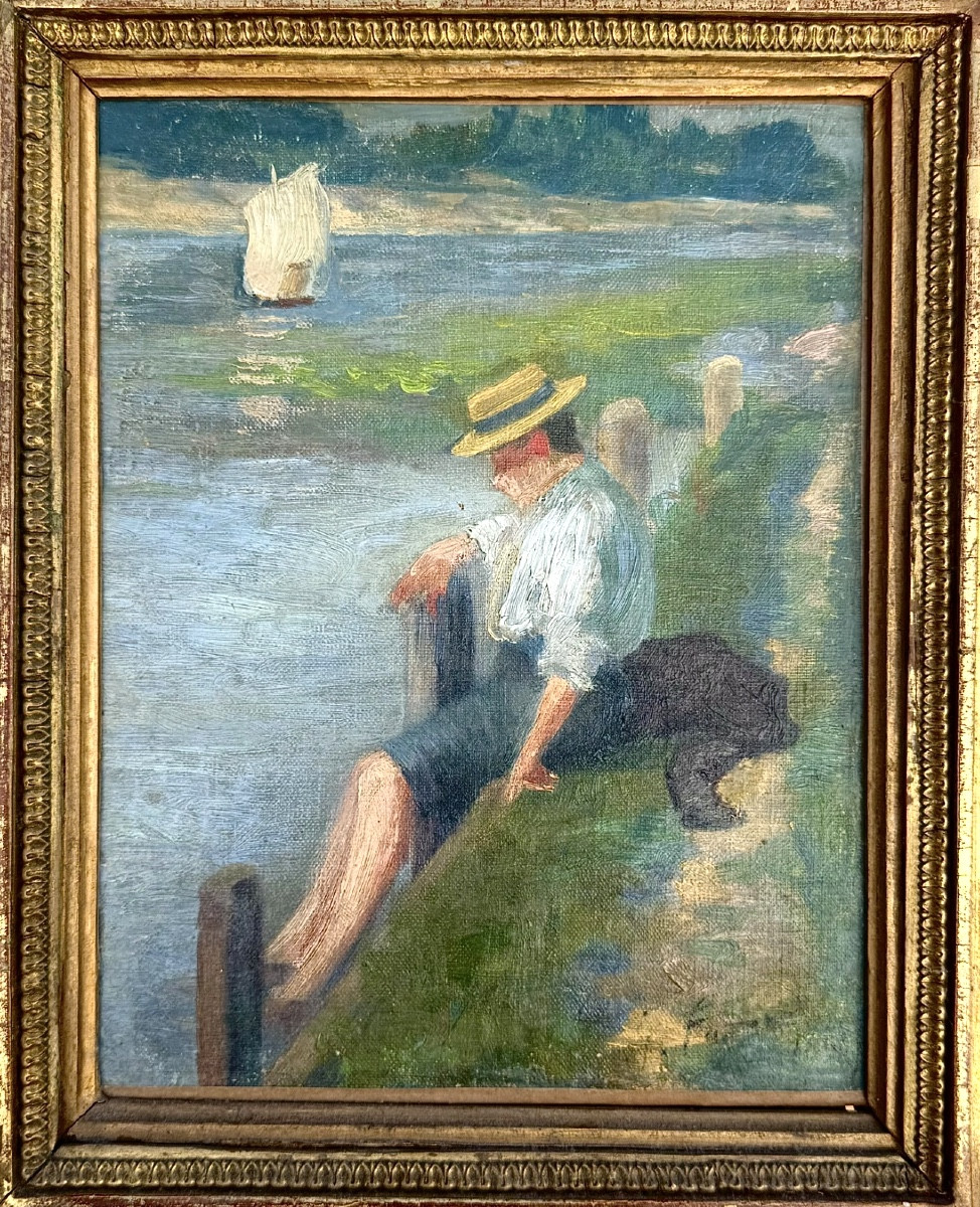 Homme au canotier - huile sur toile signée et datée1891 