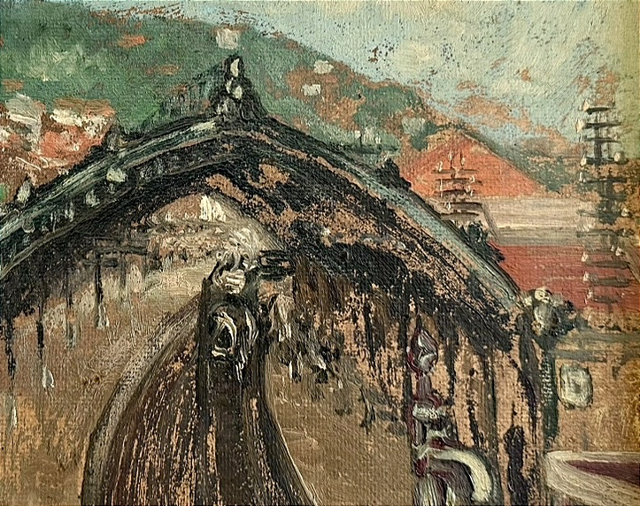 Entrance To The Station - Oil On Cardboard Signed -photo-2