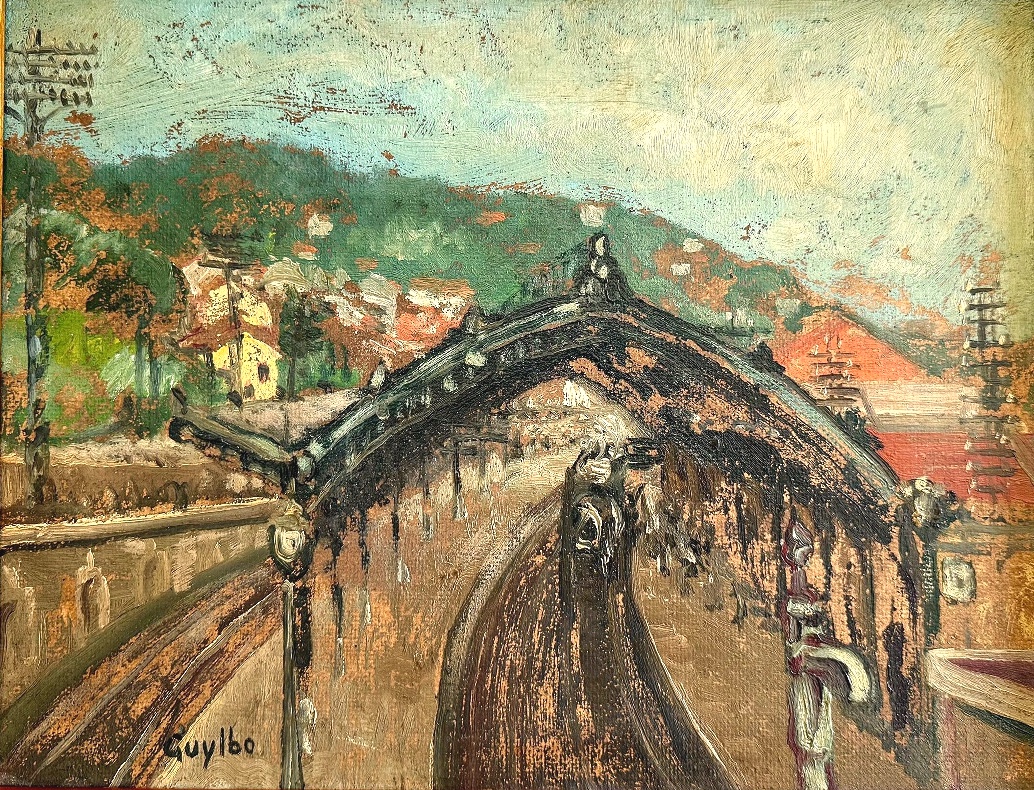 Entrance To The Station - Oil On Cardboard Signed 