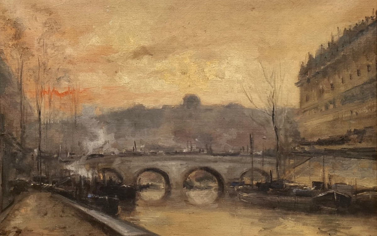 Paris, huile sur toile fin XIXe - Les quais de Seine  vers l’île de la cité -photo-2