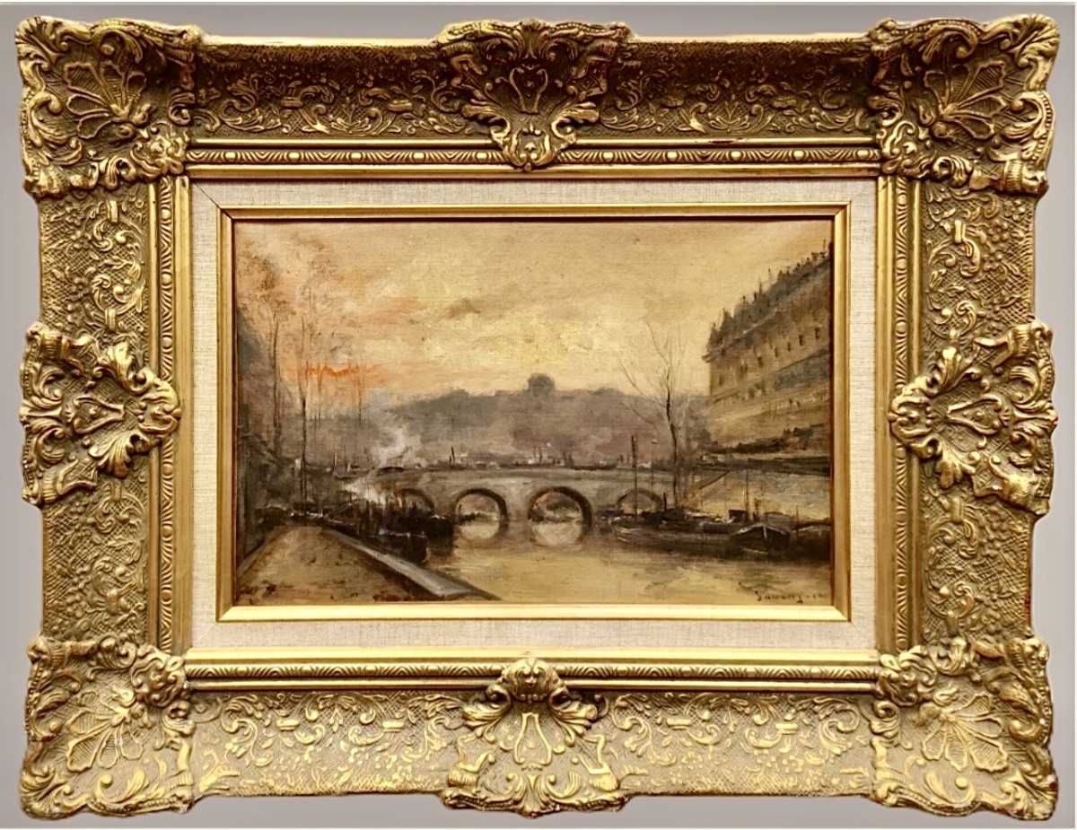 Paris, huile sur toile fin XIXe - Les quais de Seine  vers l’île de la cité 