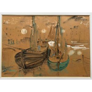 Georges Gaudion (1885-1942) Bateaux Au Port Signé 