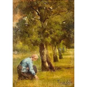 François Lafon ( 1846 - 1920)  Jeune Paysanne Dans Un Paysage