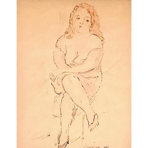 Jules Pascin (1885 - 1930) Young Woman Seated, Original Signed Watercolor.
