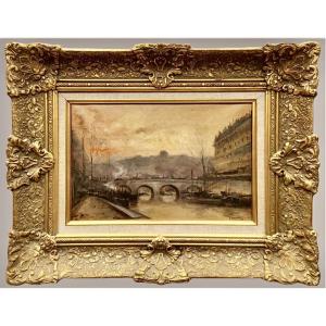 Paris, huile sur toile fin XIXe - Les quais de Seine  vers l’île de la cité 
