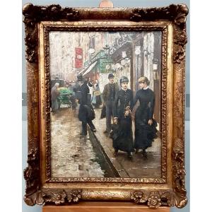 Paris 1900,  huile sur panneau de bois signée 