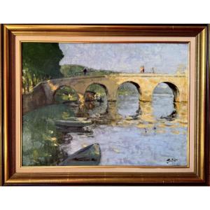 Pierre Eugène Montezin -  Promeneurs sur le pont - Huile sur toile signée 