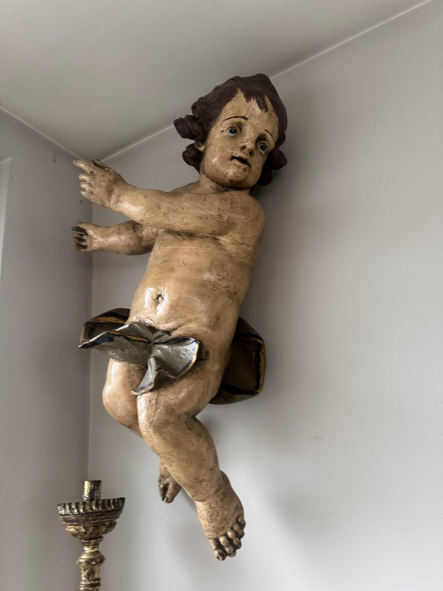 18th Century Polychrome Carved Wooden Putto-photo-3