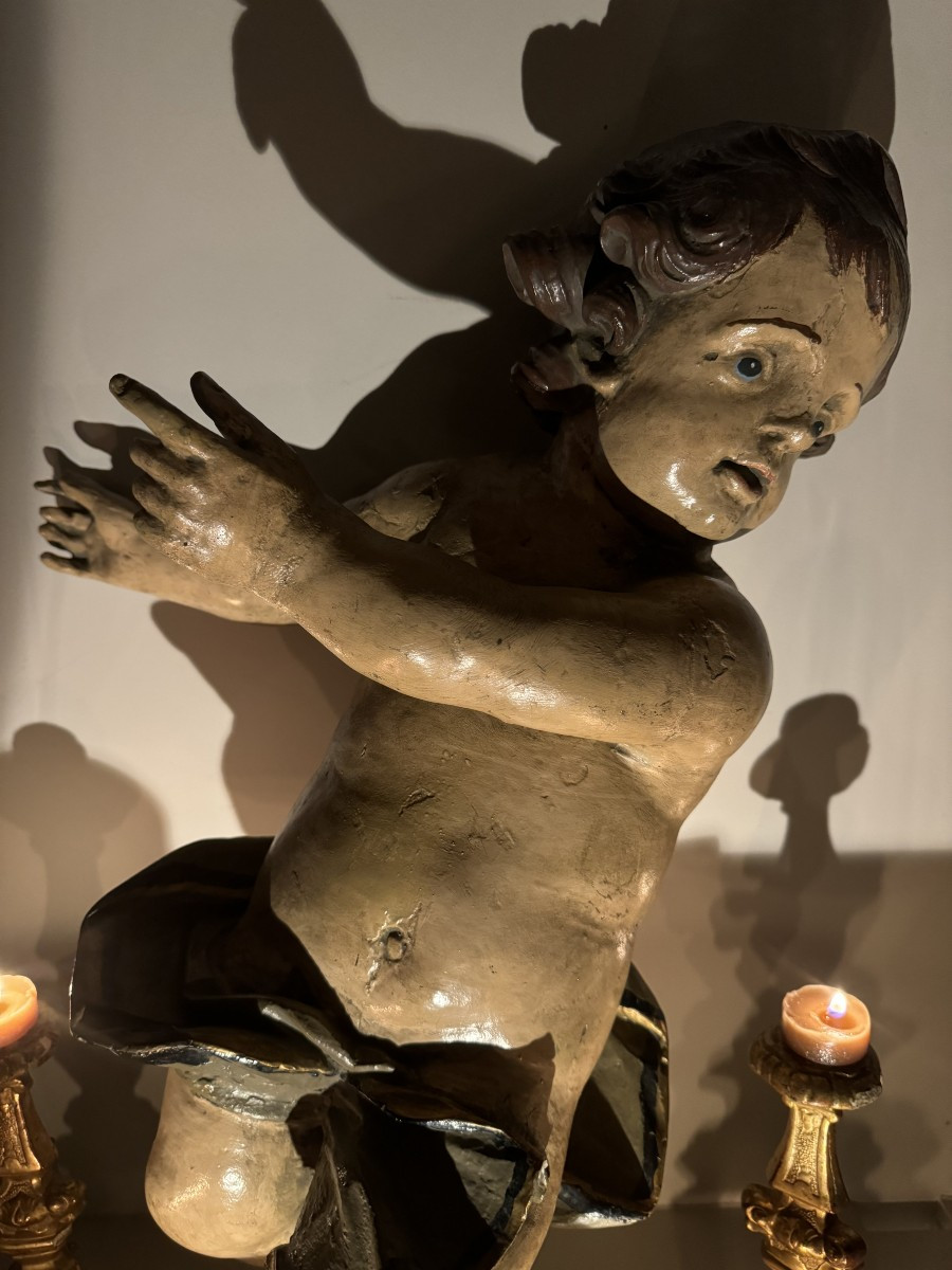18th Century Polychrome Carved Wooden Putto