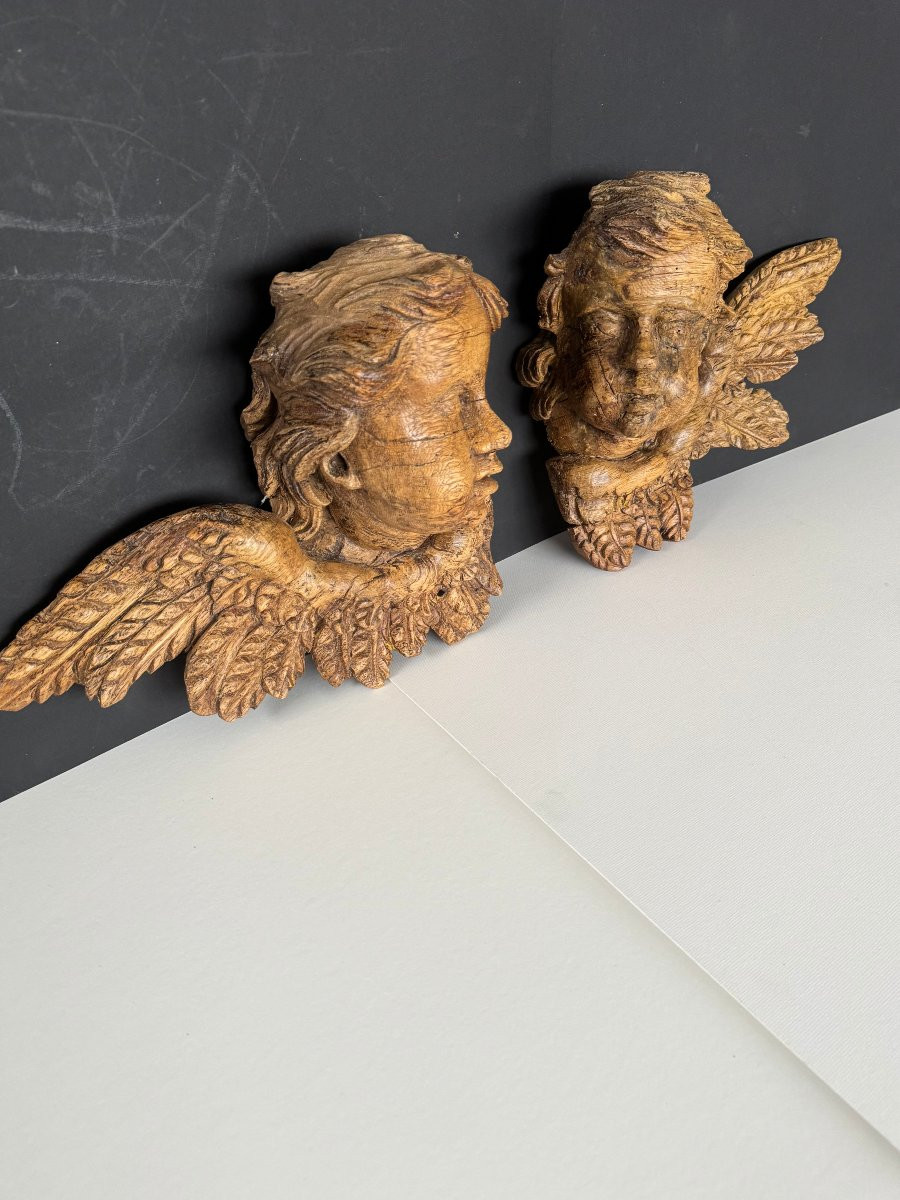Pair Of Winged Cherub Heads In Carved Wood, 17th Century -photo-2