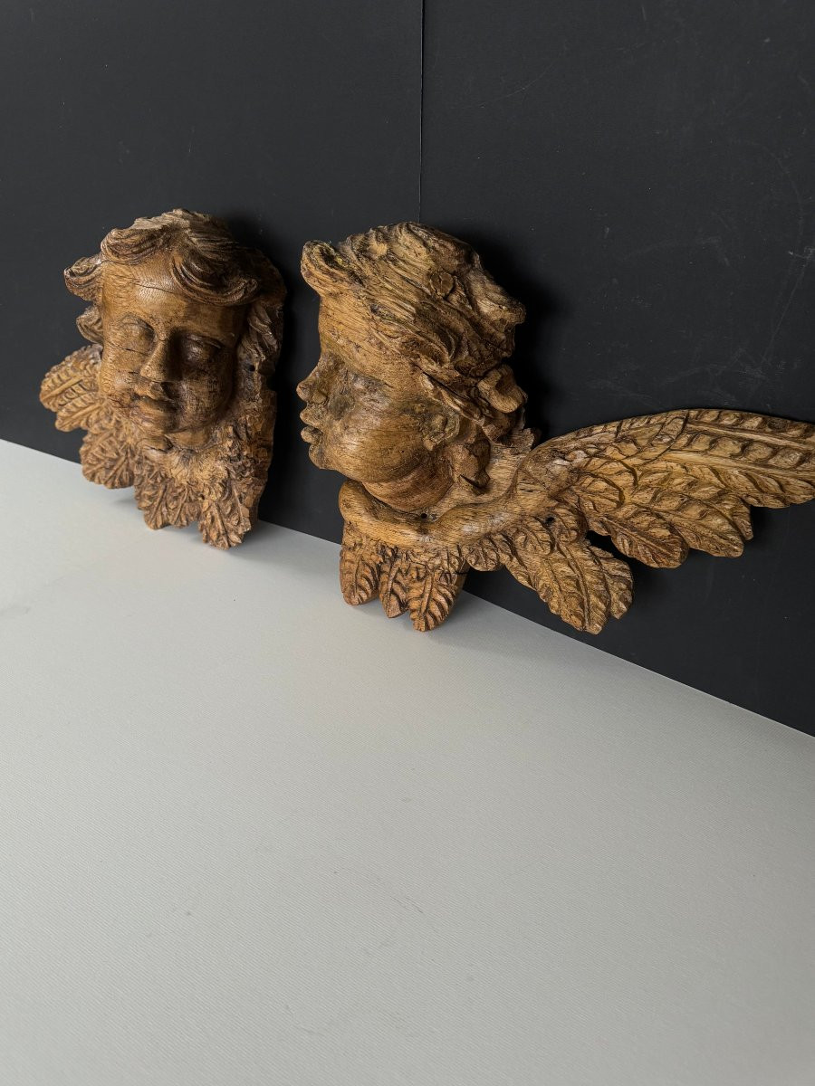 Pair Of Winged Cherub Heads In Carved Wood, 17th Century -photo-3