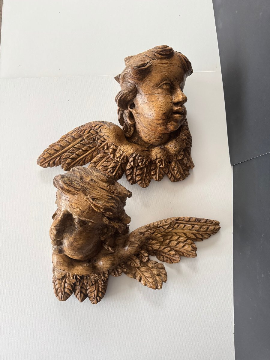 Pair Of Winged Cherub Heads In Carved Wood, 17th Century -photo-2