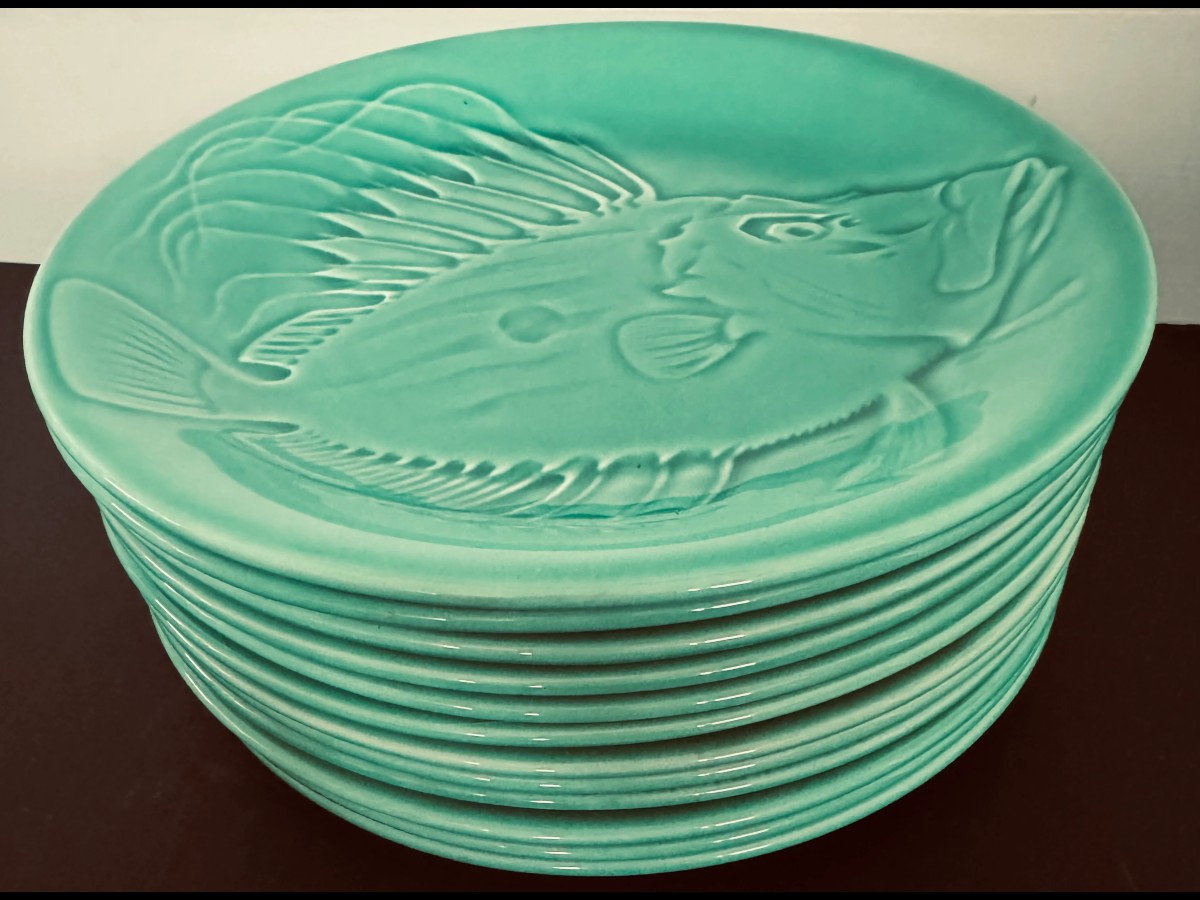 Complete 14-piece Fish Service In Fine Proceram Earthenware-photo-4