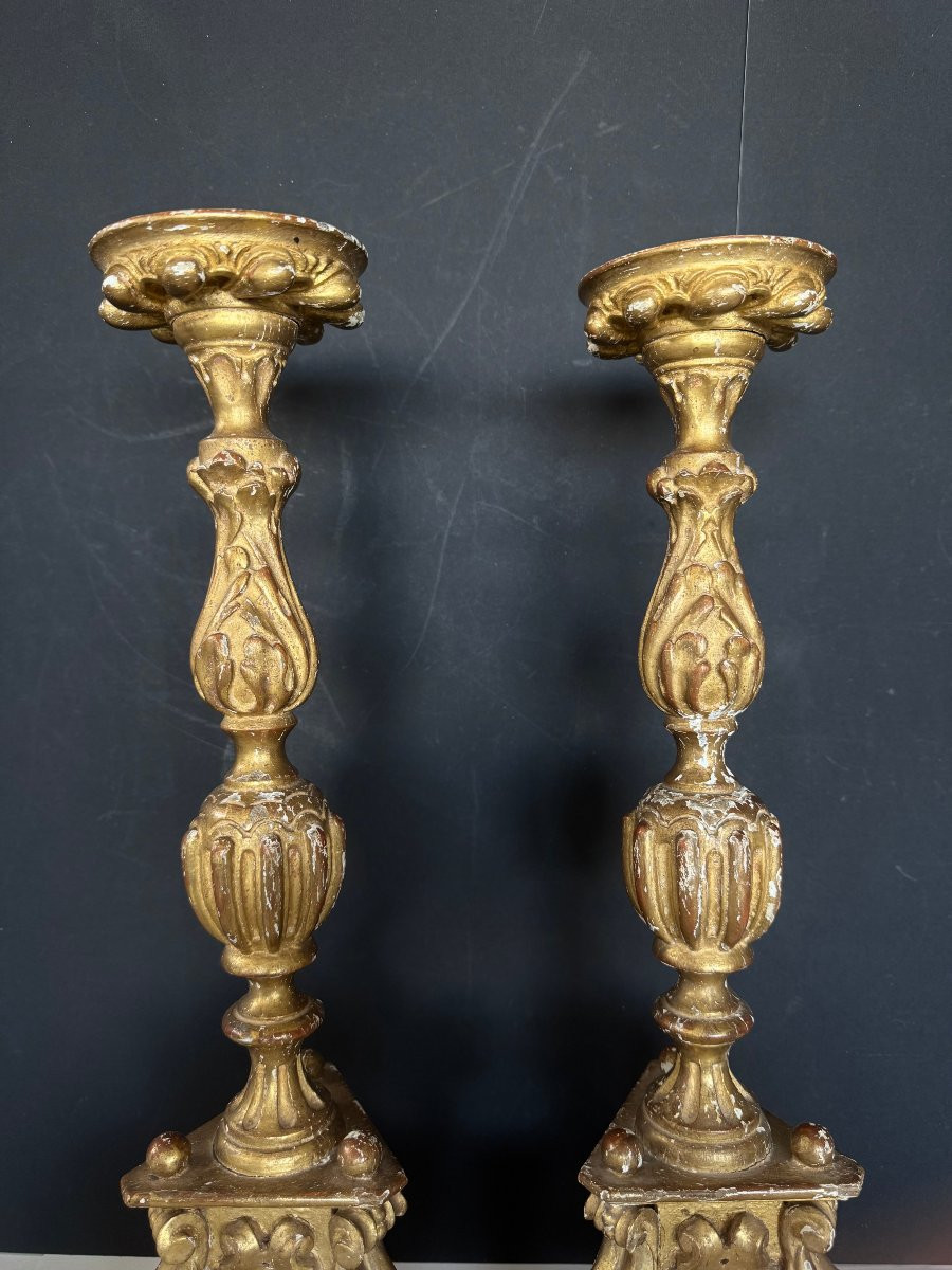 Pair Of Carved And Gilded Wooden Candlesticks, 17th Century-photo-4