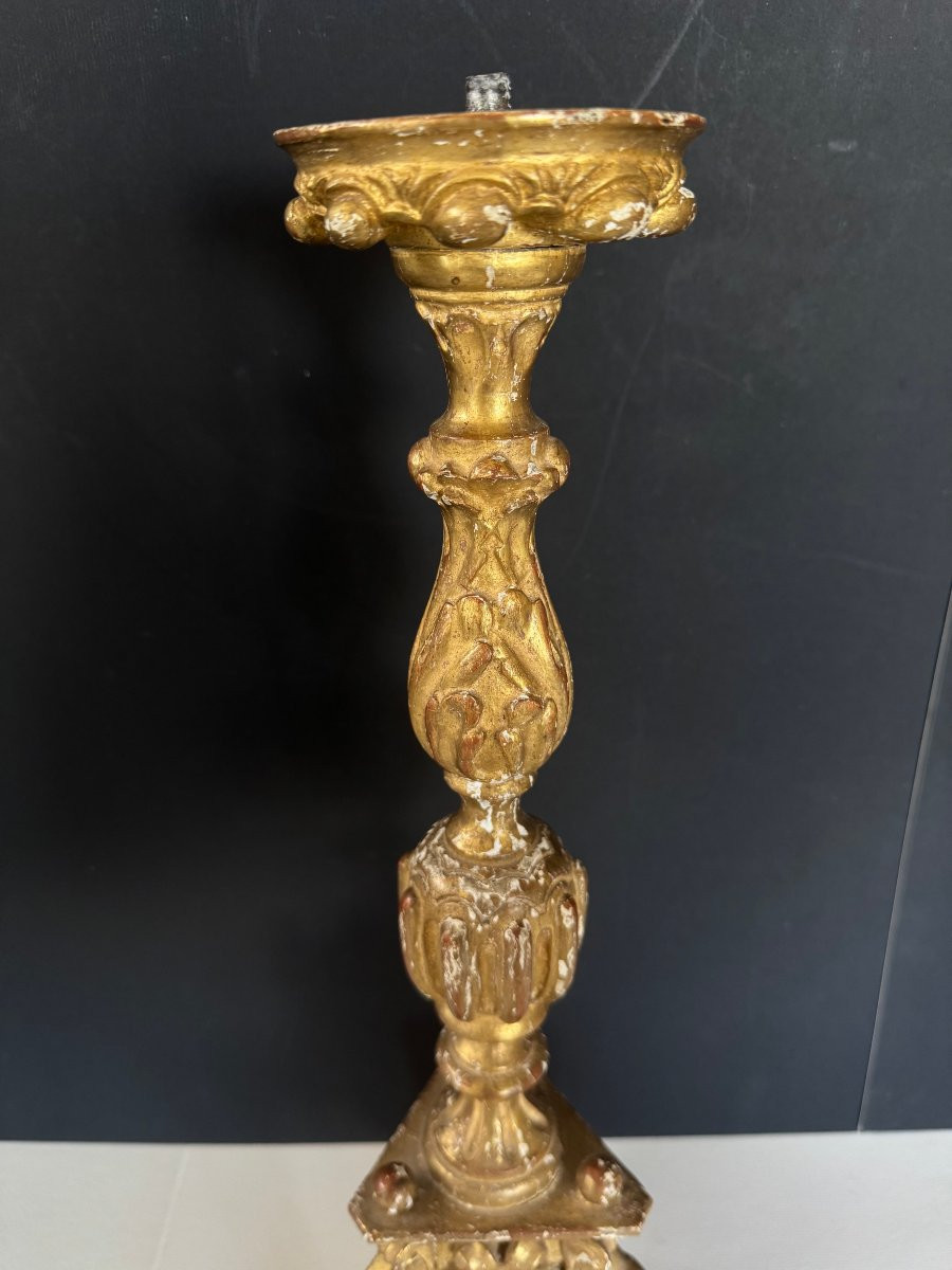 Pair Of Carved And Gilded Wooden Candlesticks, 17th Century-photo-3